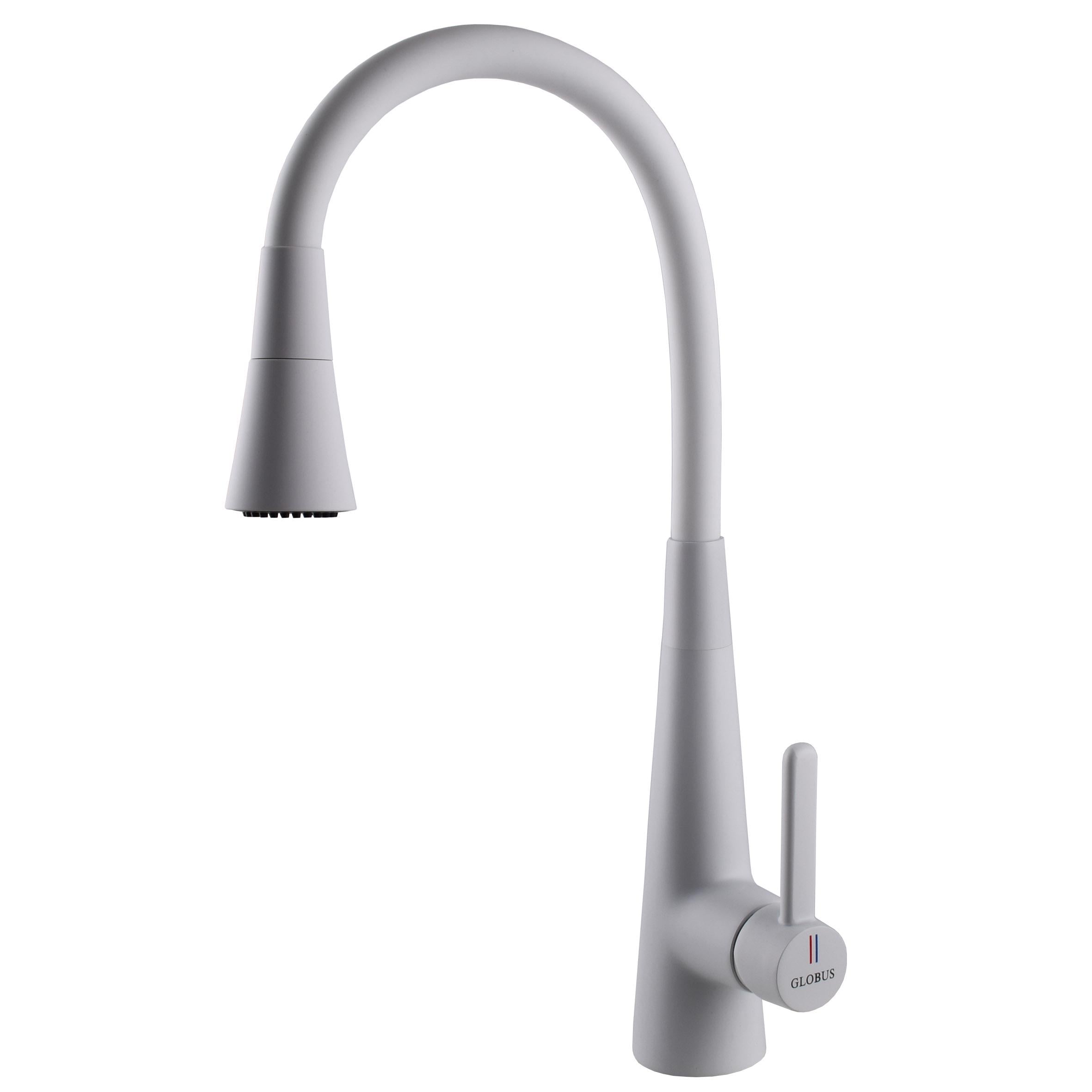Смеситель для кухни GLux LAZER Pro латунный с гибким гусаком и аэратором на 2 режима Белый матовый (GLPR-203SM-WM)