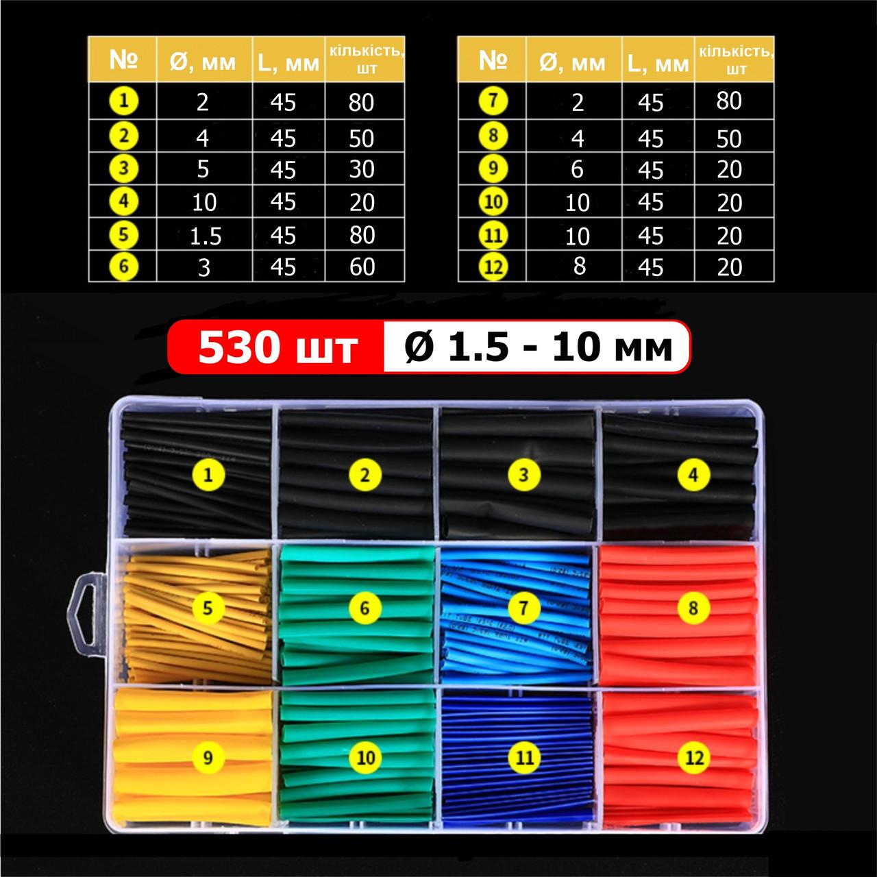 Набір термозбіжних трубок 530 шт. 12 видів/5 кольорів Ø 1-10 мм (137667) - фото 4