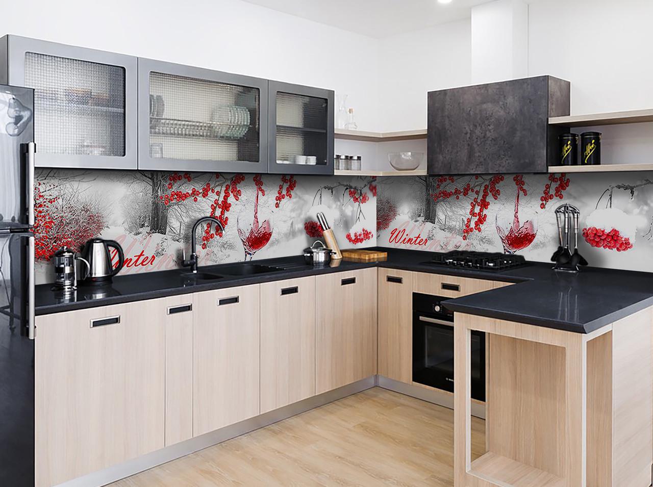 Кухонный фартук Зима вино калина красные ягоды из самоклеющейся виниловой пленки 60х300 см Белый