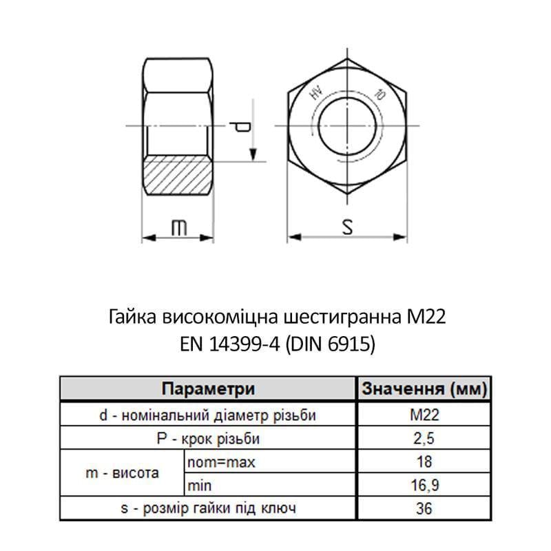 Гайка шестигранна PEINER M22 EN14399/4 сталь 10 крок 2,5 збільшена під ключ 36 мм без покриття 2 шт. (6HV0000006HV2200EP) - фото 2