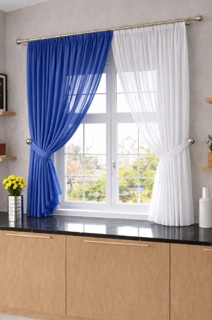 Комплект штор на кухню шифон с подвязками 250х170 см Синий/Белый (501к 11)