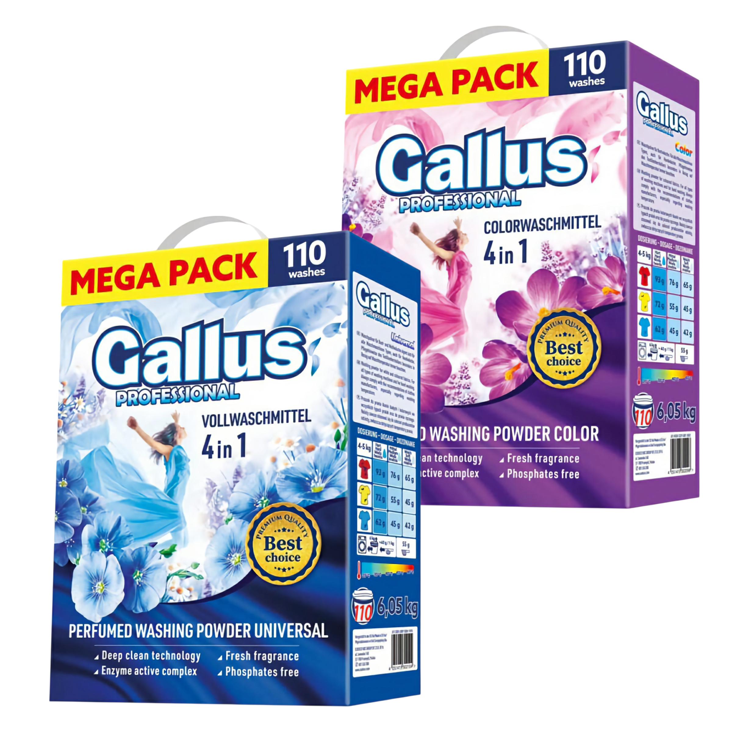 Набор парфюмированого стирального порошка Gallus Professional 4в1 Universal and Color 6,05 кг 110 циклов стирки 2 шт. (302104/2098)