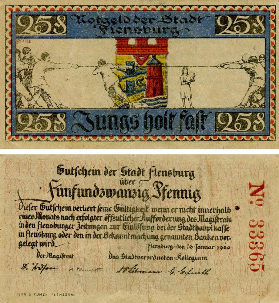 Коллекционная банкнота Германия Нотгельд 25 пфеннигов 1920 F-VF Фленсбург Разновидность 1 (Б18528)