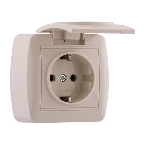 Розетка одинарная накладная с заземлением и крышкой DEMET Кремовый