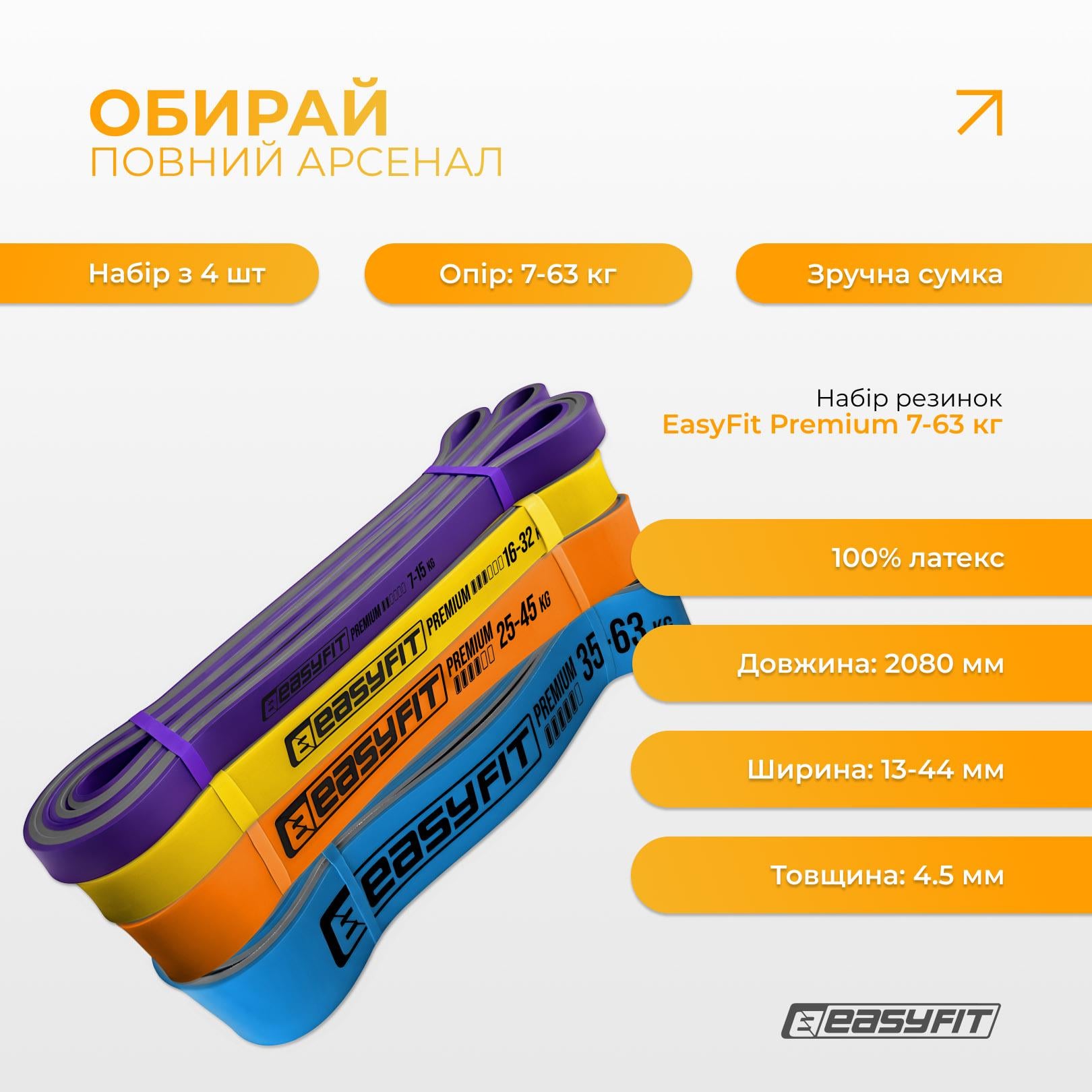 Набір двошарових резинок для підтягування EasyFit Premium EF-7634 7-63 кг 4 шт. - фото 3 Набір двошарових резинок для підтягування EasyFit Premium EF-7634 7-63 кг 4 шт. - фото 3