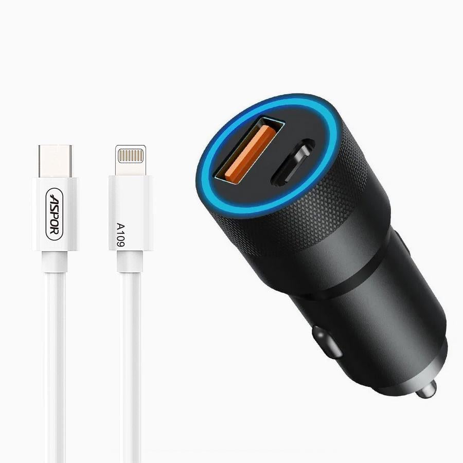 Автомобільний зарядний пристрій Aspor A909 PD Metal USB/USB-C/3,4A/38W LED та кабель Type-C-Lightning Чорний (920048)