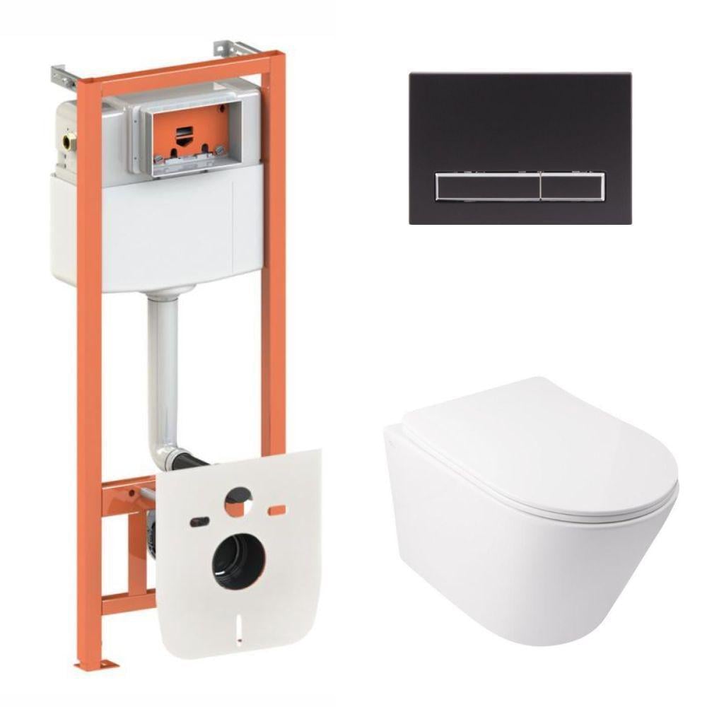 Комплект Qtap Swan Ultra Quiet подвесной унитаз QT16335179W/инсталляция Nest/клавиша линейная Black mat (QT0133M425/M08V1091MB)