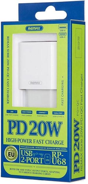 Зарядний пристрій Remax RP-U68 USB/Type-C PD QC 20 W 3 A Білий (epic1102) - фото 2