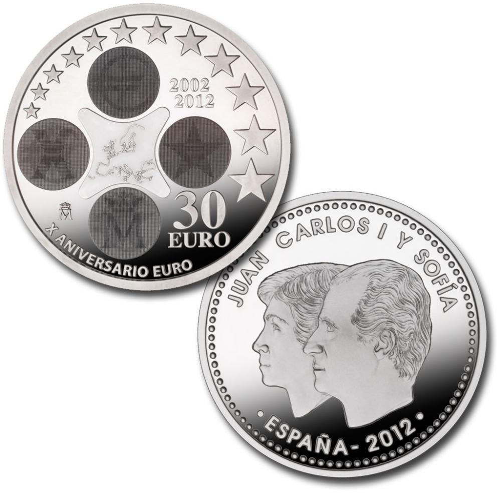 Коллекционная монета Испания 30 евро 2012 10 лет евро Серебро UNC (35917840)