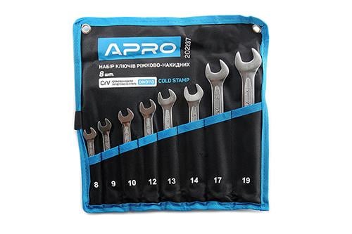 Набір ключів рожково-накидних Apro CrV 8-10/12-14/17/19 мм холодний штамп DIN3113 8 шт.