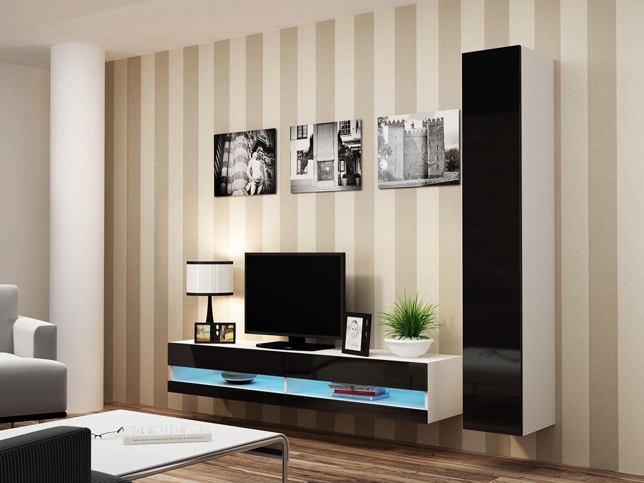Стенка в гостиную комплект Сama Vigo New 9 из ламинированной ДСП без подсветки Белый матовый/Черный глянец (22079) - фото 3