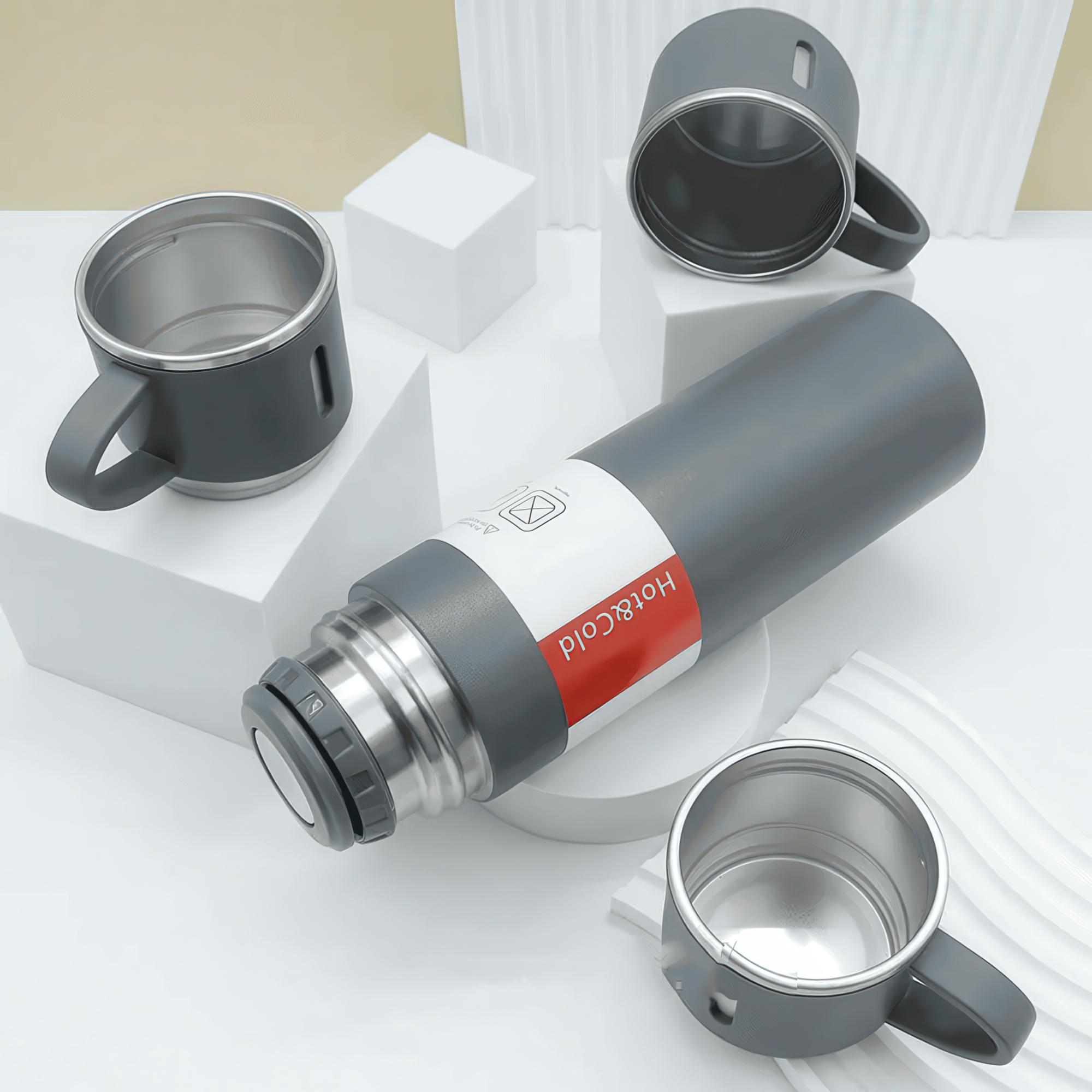 Термос с 3 кружками для чая и кофе нержвающая сталь 500 мл Серый