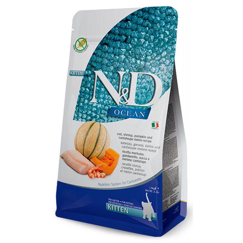 Корм беззерновой сухой Farmina N&D Ocean для котят/беременных и кормящих кошек с треской/креветками/тыквой/дыней 5 кг (8010276038869)