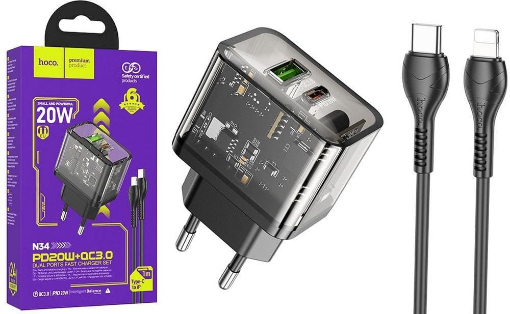 Пристрій зарядний Hoco N34 QC3.0 USB/Type C кабель Lightning 20W Black (36811)