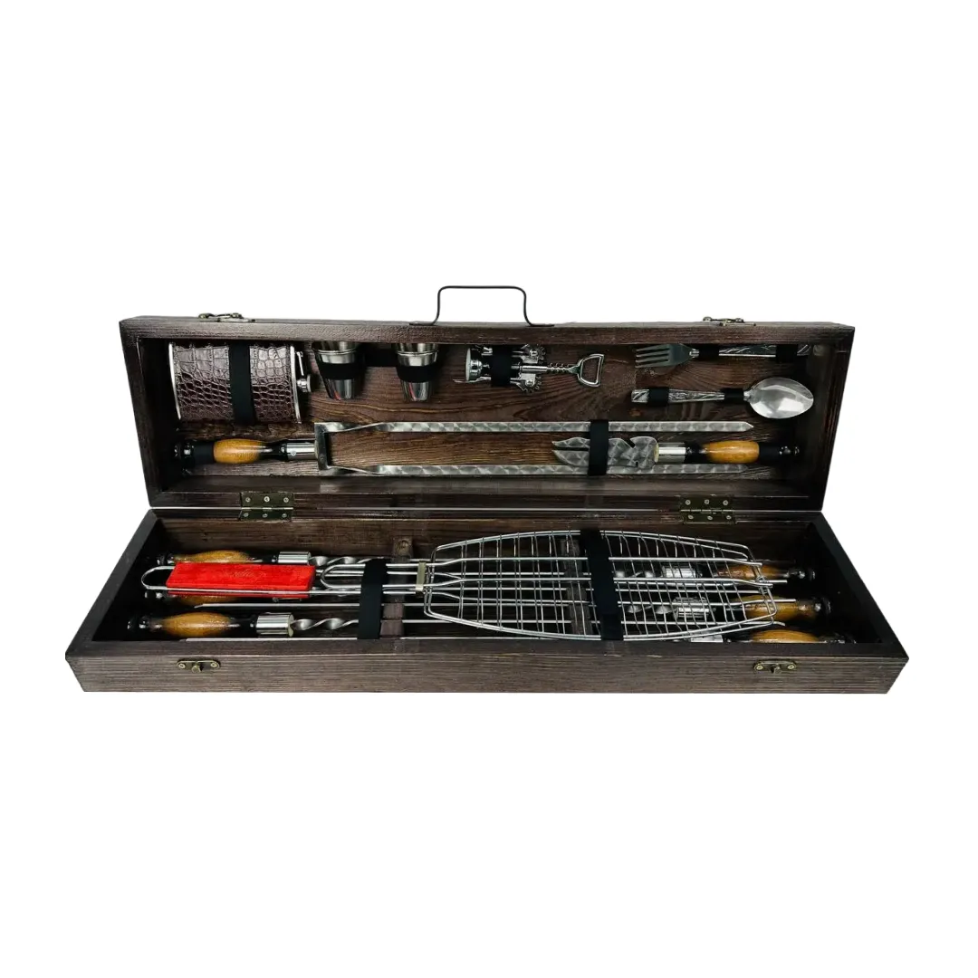 Набор шампуров в кейсе Лесник маленький из нержавеющей стали деревянный (2-10-KS-7702)