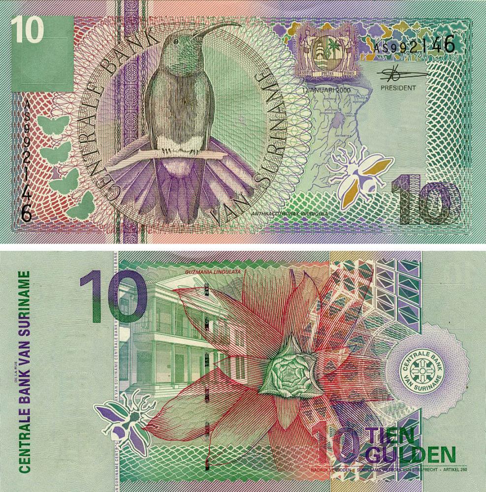 Коллекционная банкнота Суринам 10 гульденов 2000 UNC (P147)