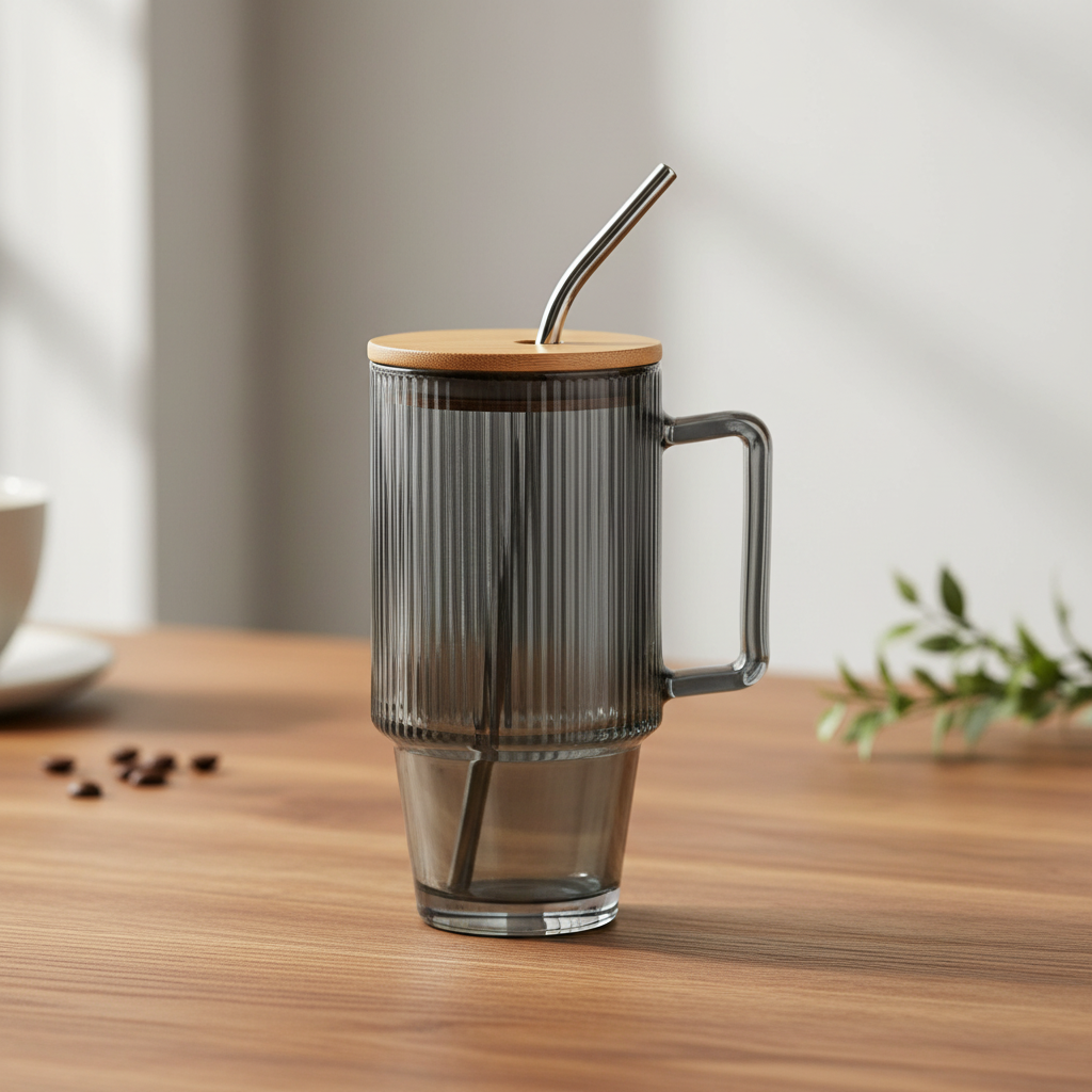 Чашка стеклянная с бамбуковой крышкой и стеклянной трубочкой ICE Tea 750 мл Серый дымчатый (HP-19-50)