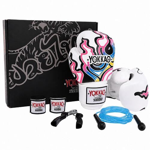 Боксерский набор YOKKAO BO-6669 TWN 4в1 12 oz кожаные бинты/эспандер/скакалка Белый-фуксия-синий (36252712)