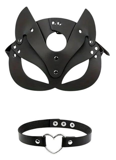 Комплект кожаный маска кошки и чокер-сердце Черный Комплект кожаный маска кошки и чокер-сердце Черный