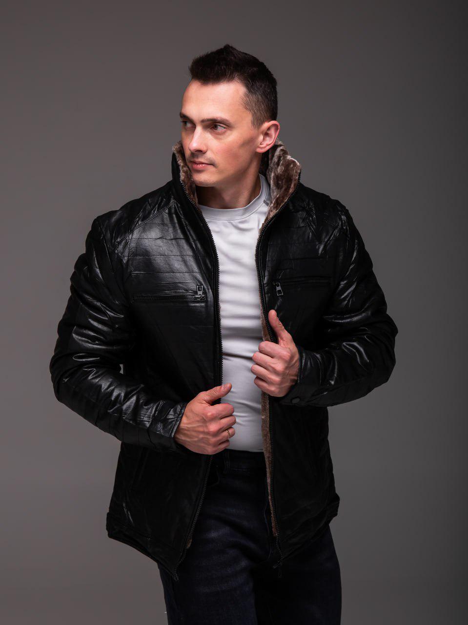 Куртка чоловіча зимова з еко шкіри на хутрі стьобана L Чорний (2297/2) - фото 3 Куртка чоловіча зимова з еко шкіри на хутрі стьобана L Чорний (2297/2) - фото 3