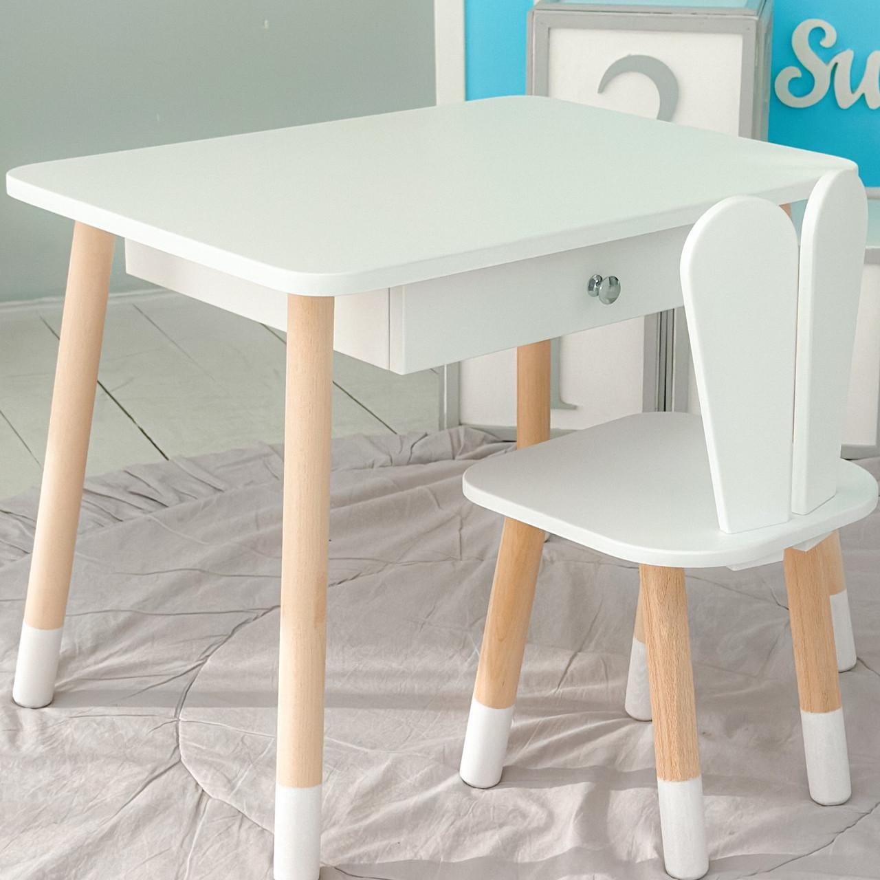 Детский столик и стульчик зайчик с ящиком для карандашей и раскрасок Белый (73587) Детский столик и стульчик зайчик с ящиком для карандашей и раскрасок Белый (73587)