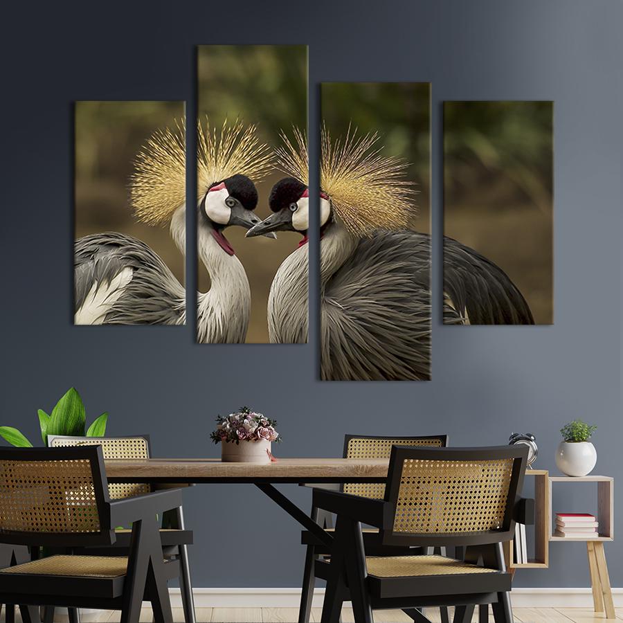 Модульная картина из четырех частей на холсте интерьерная картина Прекрасные венценосные журавли 129x90 см (182-42)