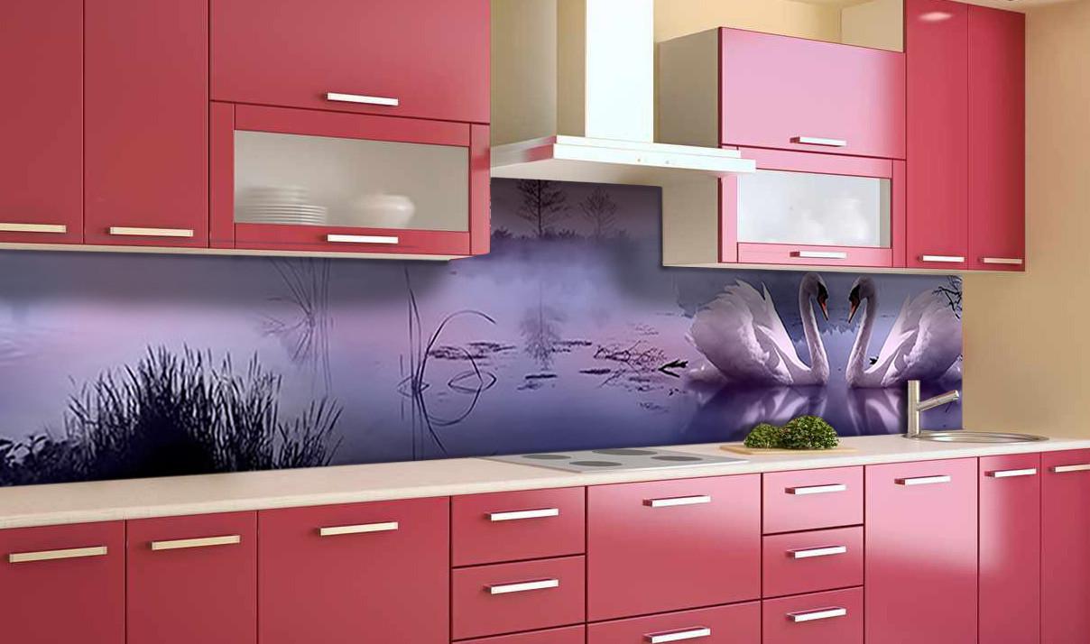 Кухонный фартук Лебеди на озере птицы из самоклеющейся виниловой пленки 60х300 см Фиолетовый