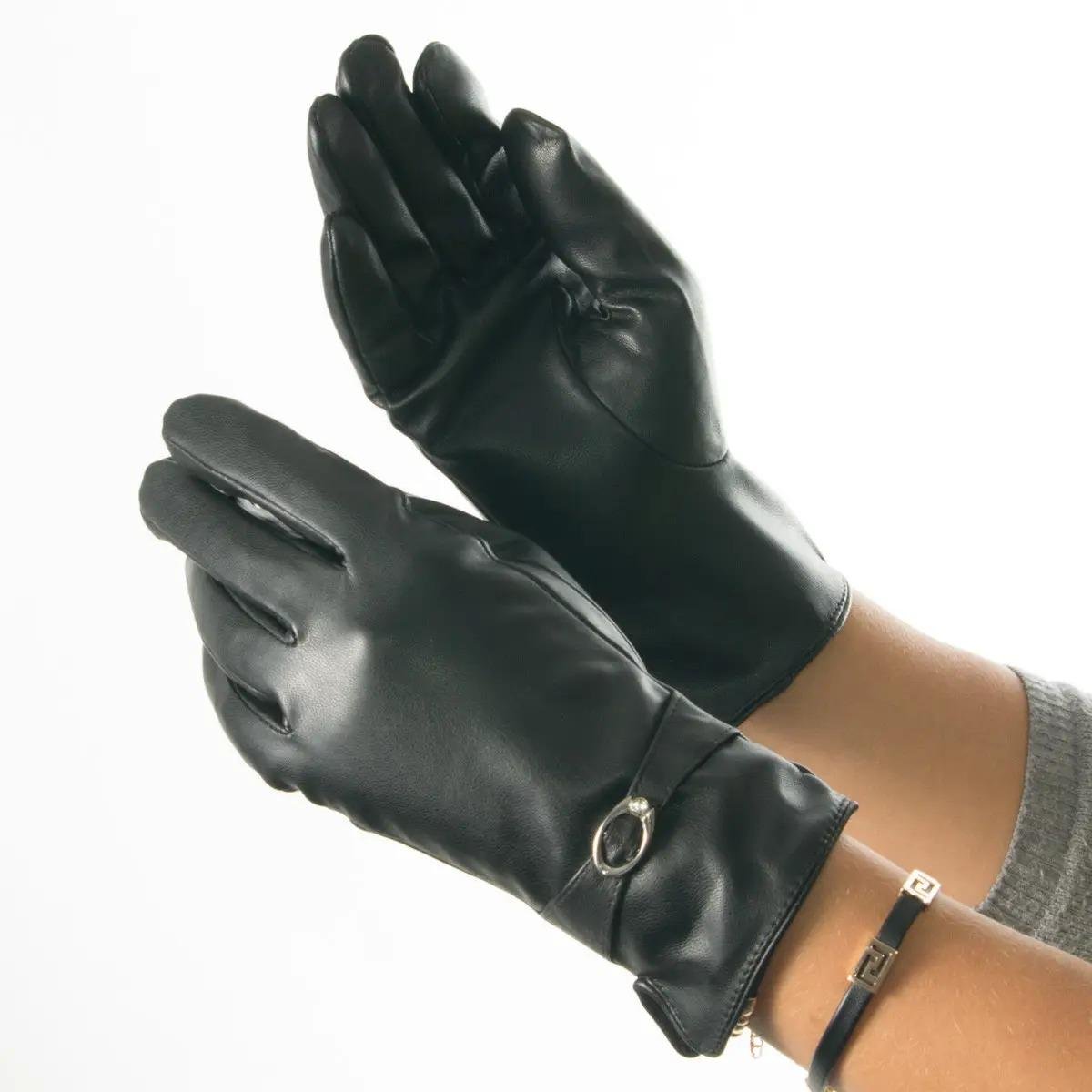 Рукавички жіночі з екошкіри на плюші з пряжкою L (№19-23-1/2)