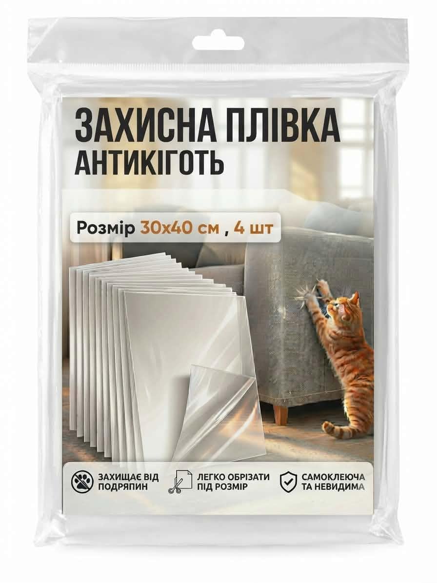 Захисна плівка антикіготь для меблів/диванів/дверей/шпалер Cat Protect 30х40 см 4 шт. Прозорий