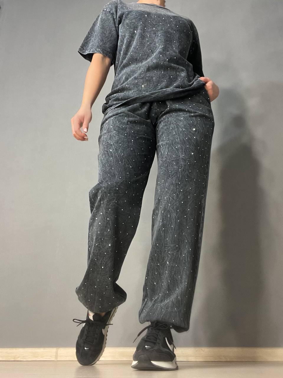 Костюм женский COAST MODA 4256 вареный в технике тай-дай джоггеры с футболкой S Черный (1667)