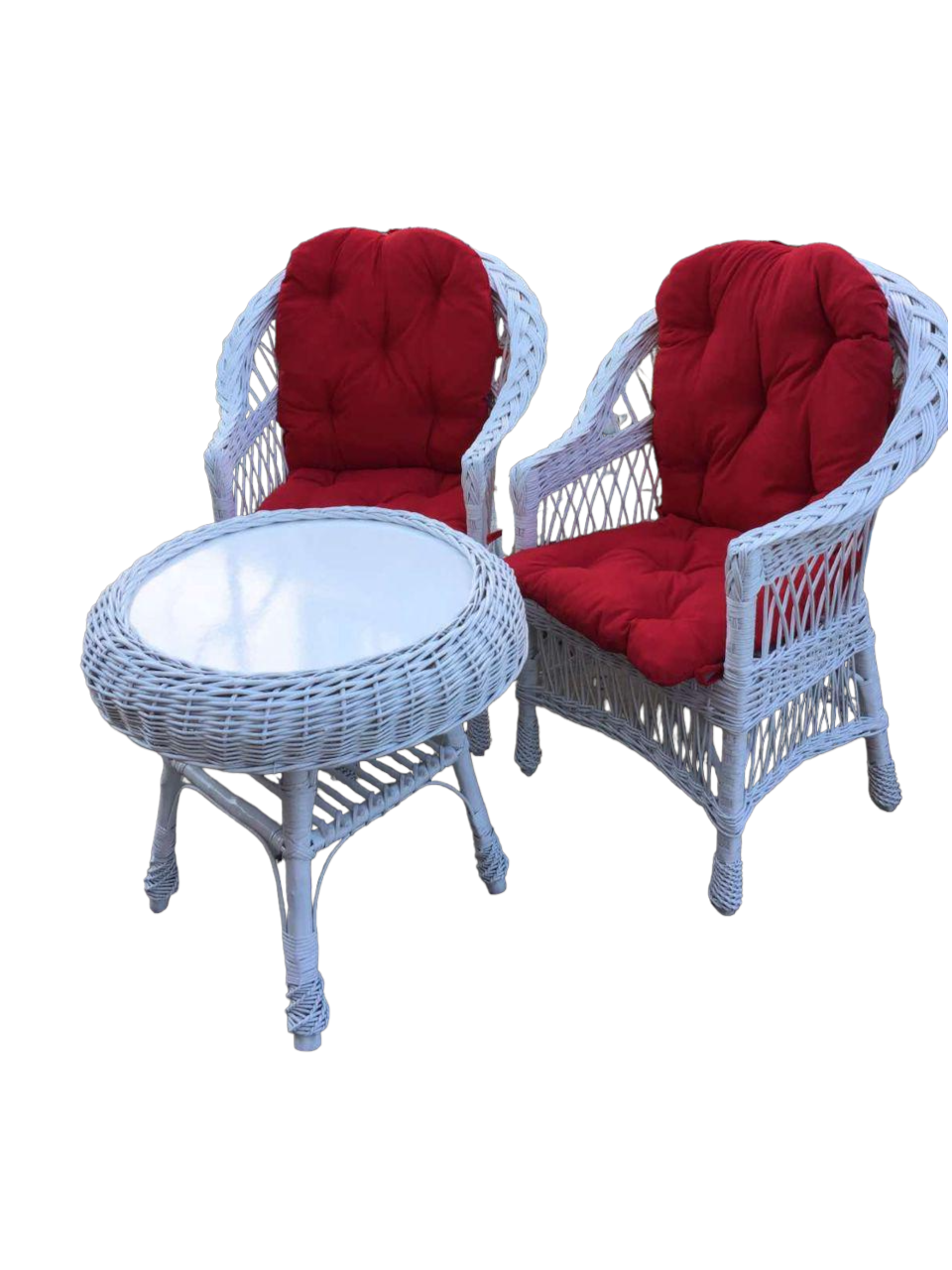 Комплект cадових меблів Woody з дерева та лози 2 крісла Стандарт стіл Гриб круглий Білий/Червоний