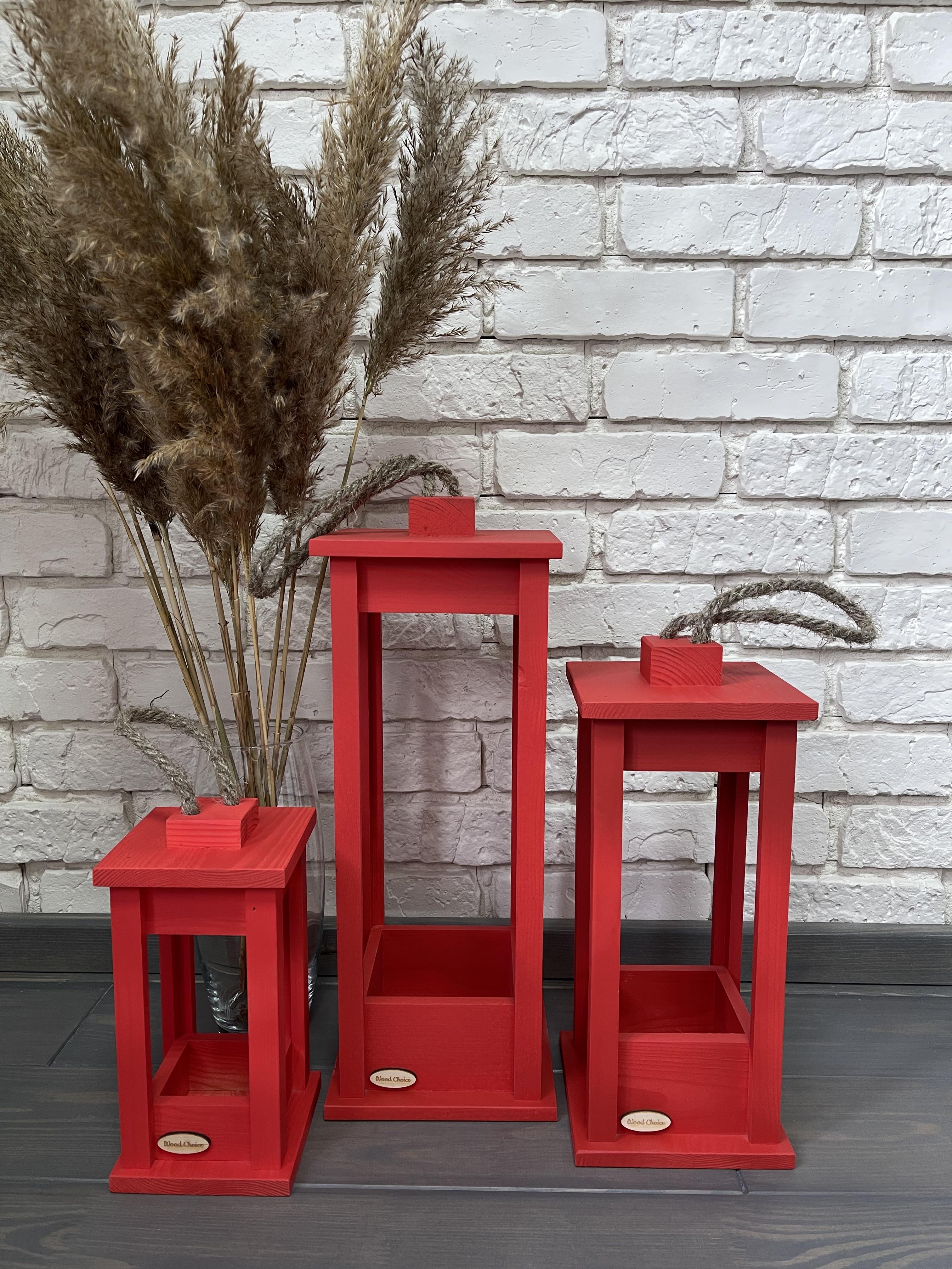 Набор подсвечников деревянные Фонари 25/35/45 см Красный - фото 2