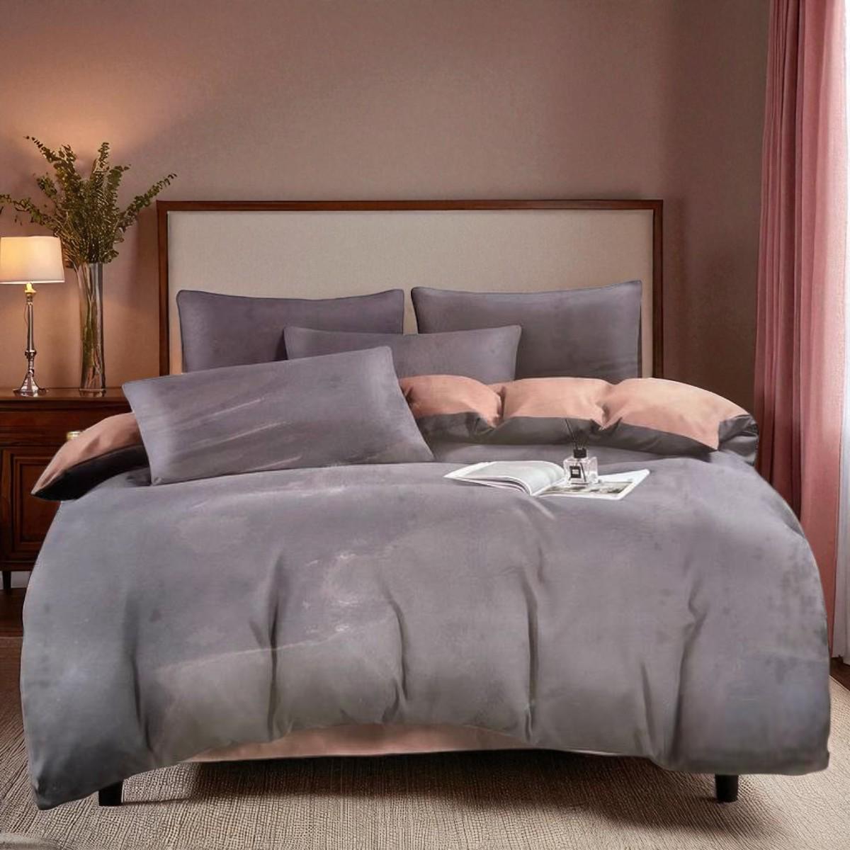 Комплект постельного белья Koloco сатин двуспальный Серый с бежевым (42086)