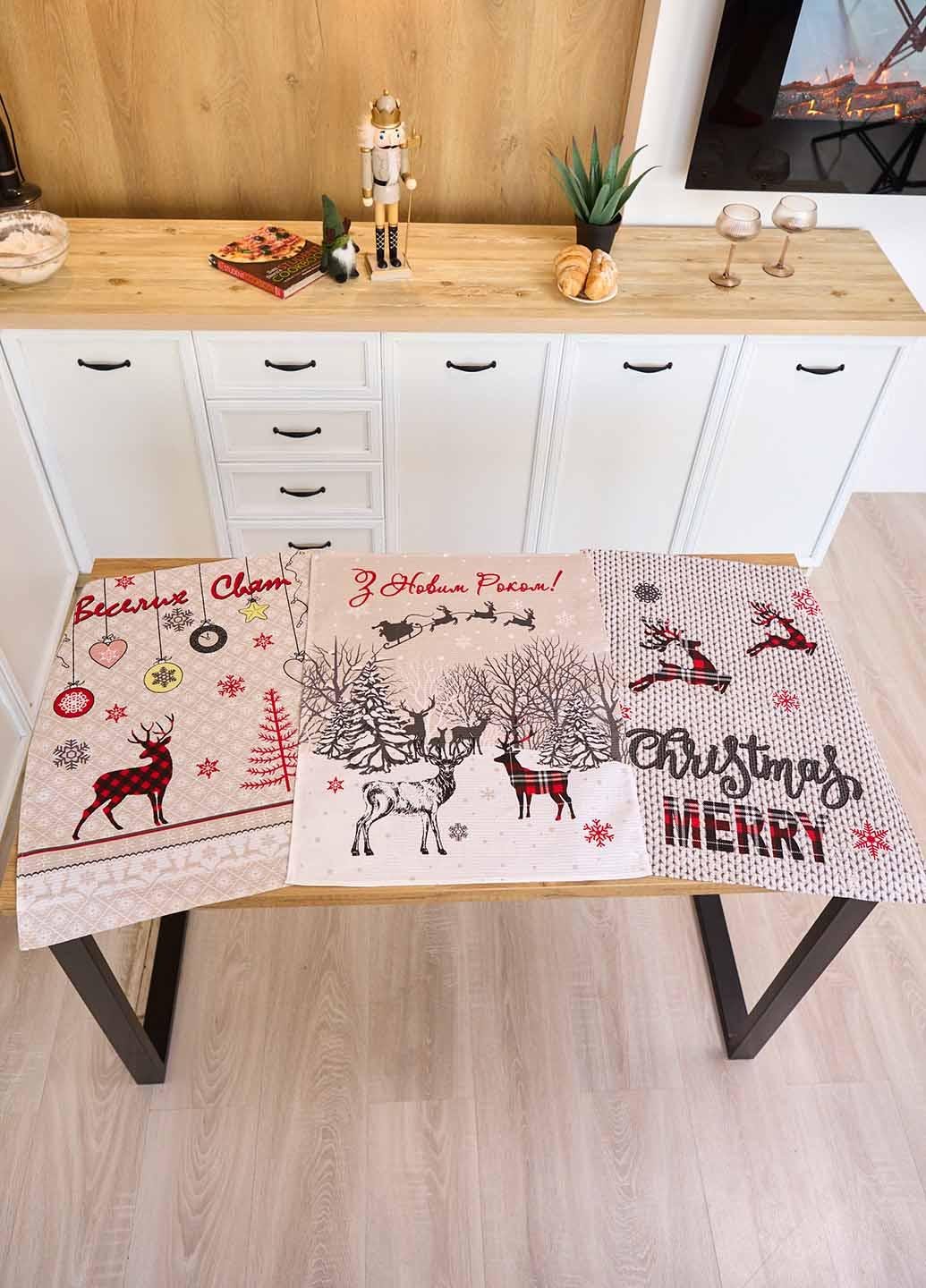 Набір новорічний вафельних рушників в коробочці Щасливого Різдва 60х47 см 3 шт. - фото 1