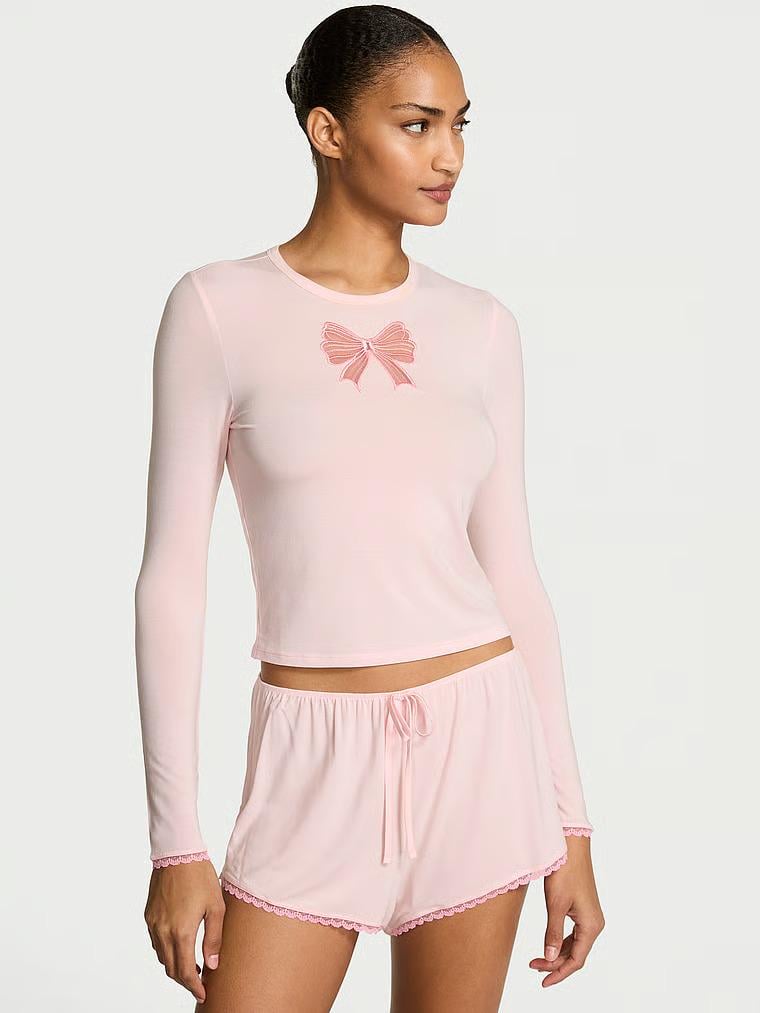 Пижама модал Victoria's Secret SoSoft Modal Bow Long-Sleeve Tee & Short Set S Розовый (27178914)