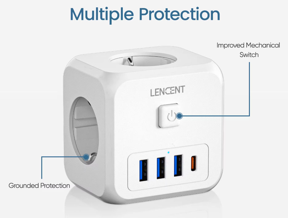 Сетевой фильтр тройник LENCENT PA037EU 7в1 с выключателем и 3 USB/1TYPE-C - фото 2 Сетевой фильтр тройник LENCENT PA037EU 7в1 с выключателем и 3 USB/1TYPE-C - фото 2