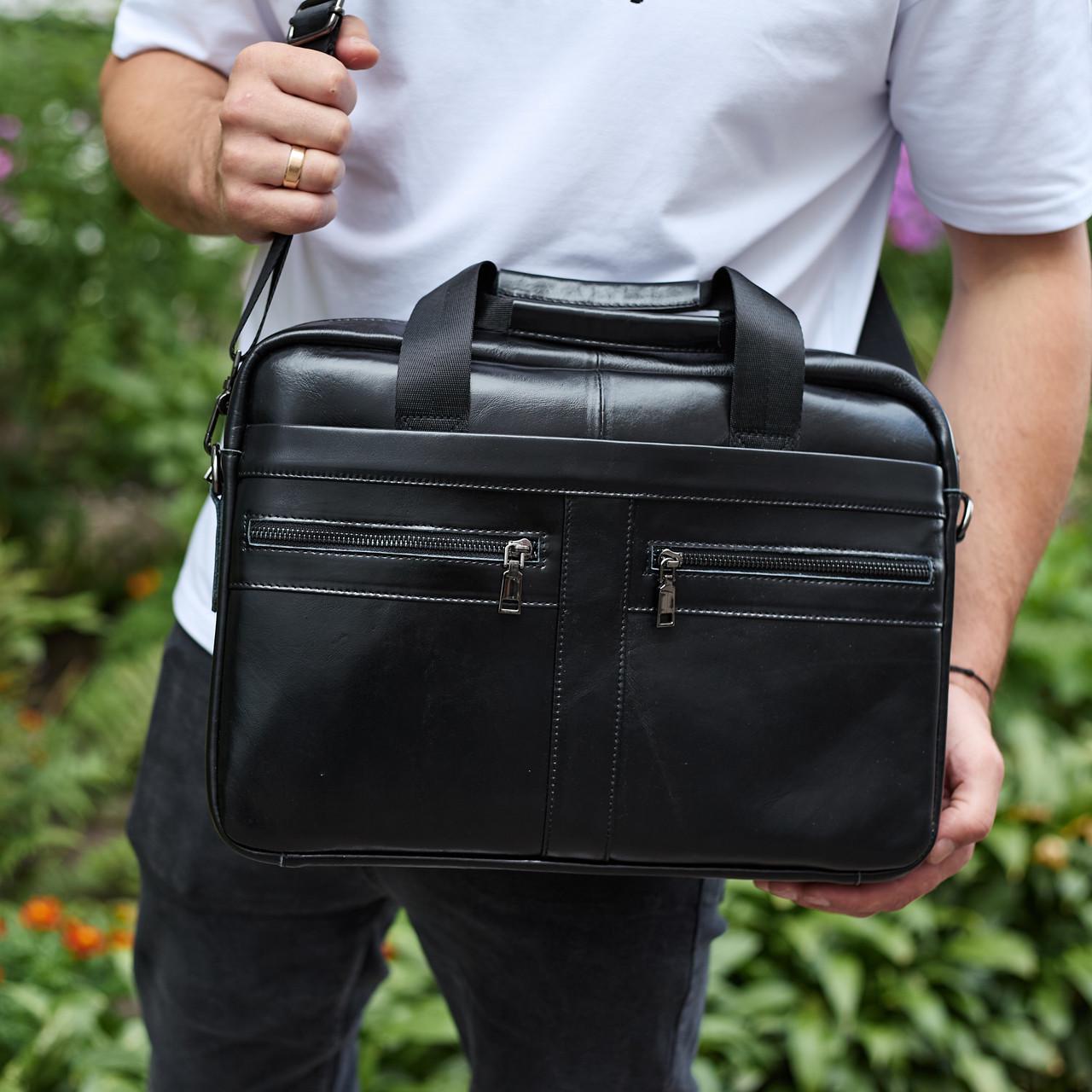 Портфель для ноутбука мужской Tiding Bag кожаный 38х28х8 см Черный (BR-300)