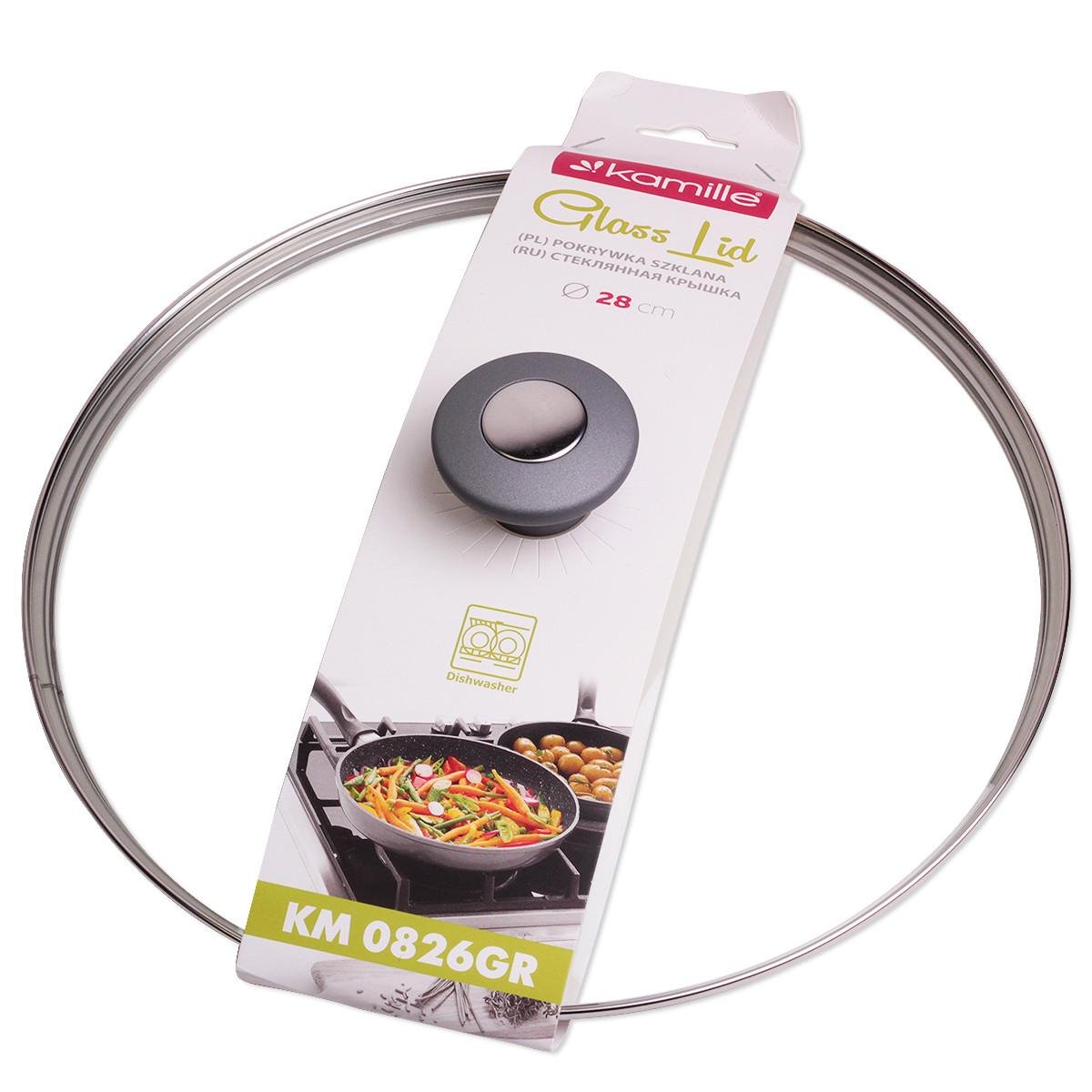 Крышка стеклянная Kamille KM-0826GR с металлическим ободком 28 см (29-84-0826GR)