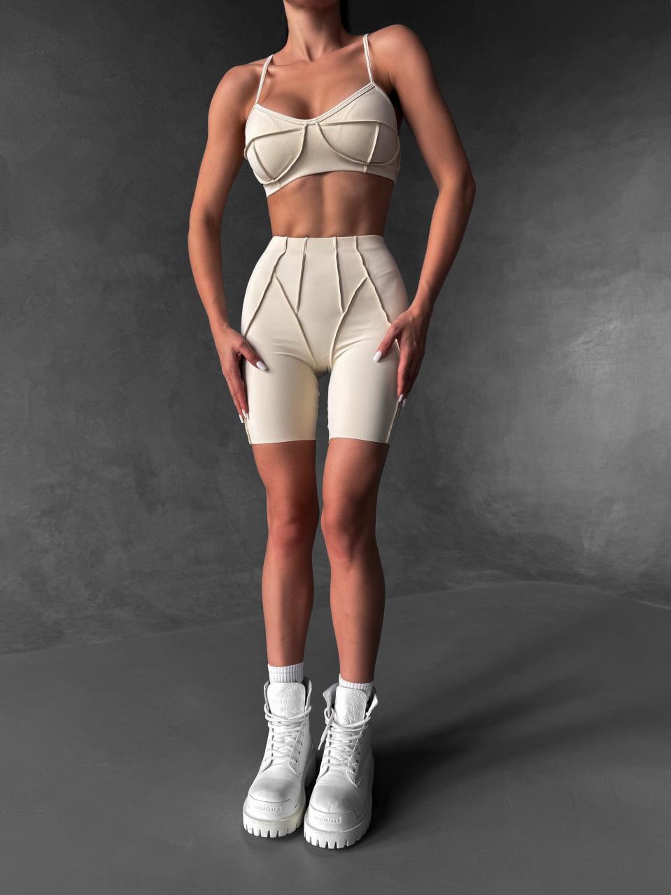 Спортивний костюм зі швами назовні/топ з чашками та велосипедки без пуш-ап L Бежевий (BH02L)