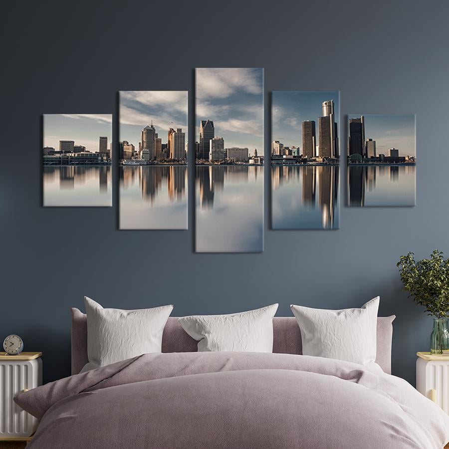 Модульная картина из 5 частей Панорамный вид на город Детройт в Америке 162x80 см (400-52)