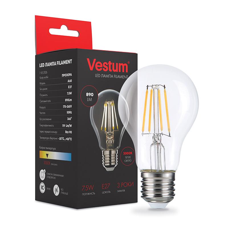 Лампа LED Vestum філамент А60 Е27 7,5 Вт 220 V 3000К