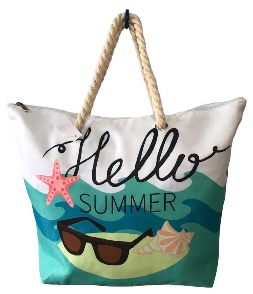 Сумка пляжная женская летняя из ткани на молнии Белый с зеленым (SD49)