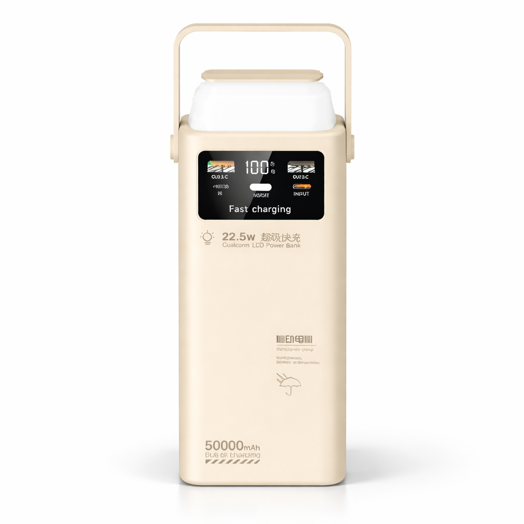 Повербанк QC 3.0 с LCD-дисплеем фонариком Type-C Micro-USB Lightning 50000 mAh 22,5W Бежевый