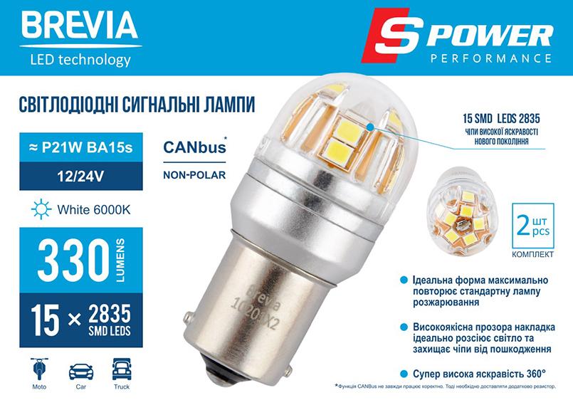 Автолампа LED Brevia S-Power P21W 330Lm 15x2835SMD 12/24V CANbus 2 шт. (10201X2) - фото 2 Автолампа LED Brevia S-Power P21W 330Lm 15x2835SMD 12/24V CANbus 2 шт. (10201X2) - фото 2