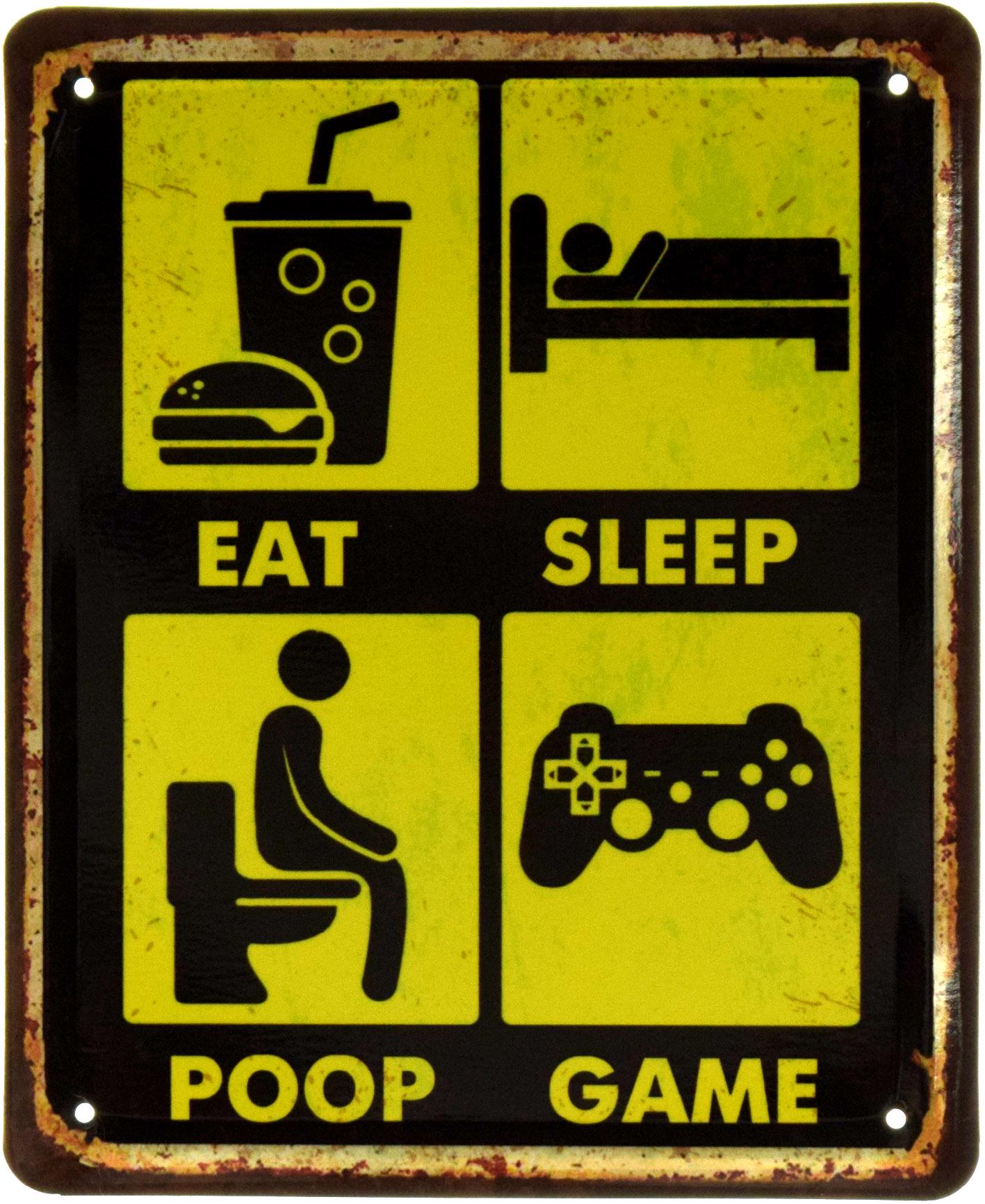 Табличка металлическая Ешь, Спи, Сходи в туалет, Играй/Eat, Sleep, Poop, Game 18x22 см - фото 1 Табличка металлическая Ешь, Спи, Сходи в туалет, Играй/Eat, Sleep, Poop, Game 18x22 см - фото 1