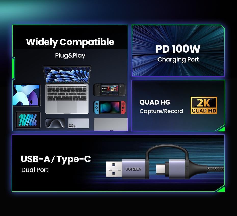 Карта видеозахвата USB Ugreen 1. USB-A USB-C 2 м Серый (25772) - фото 3