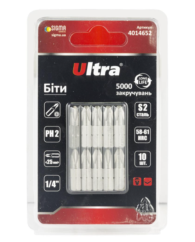 Біти Ultra PH2x25 мм 1/4" 10 шт. S2 в блістері (4014652)