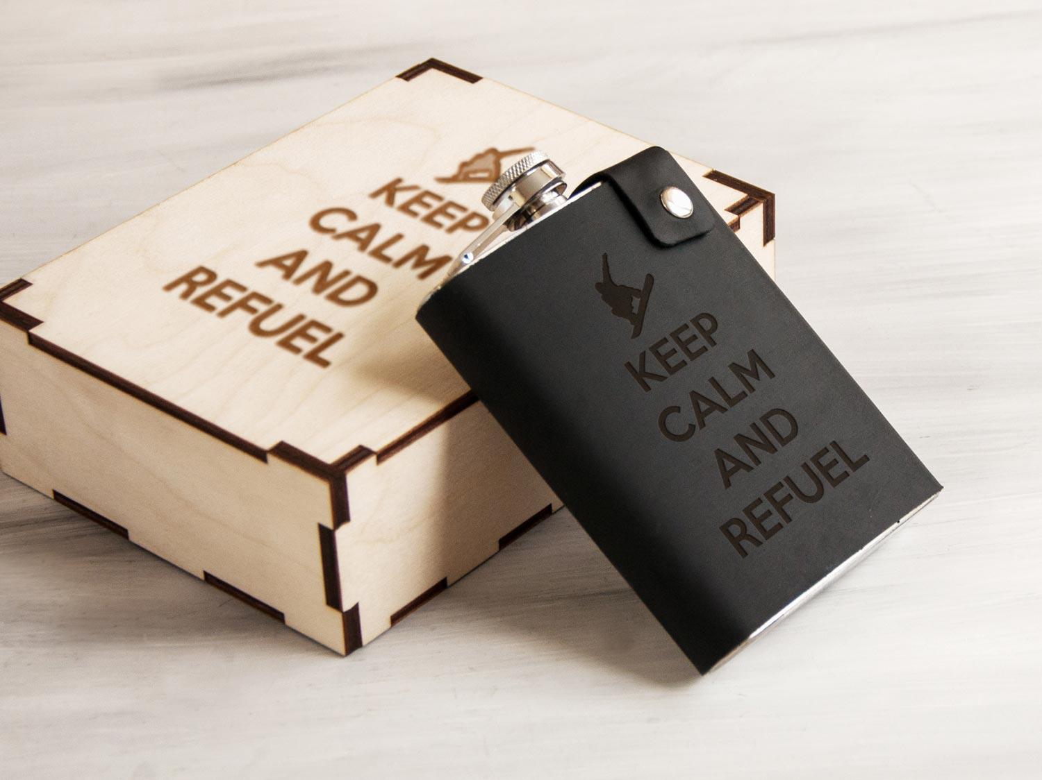 Фляга WoodPresentStudio Keep Calm and Refuel в черной коже в деревянной коробке 240 мл