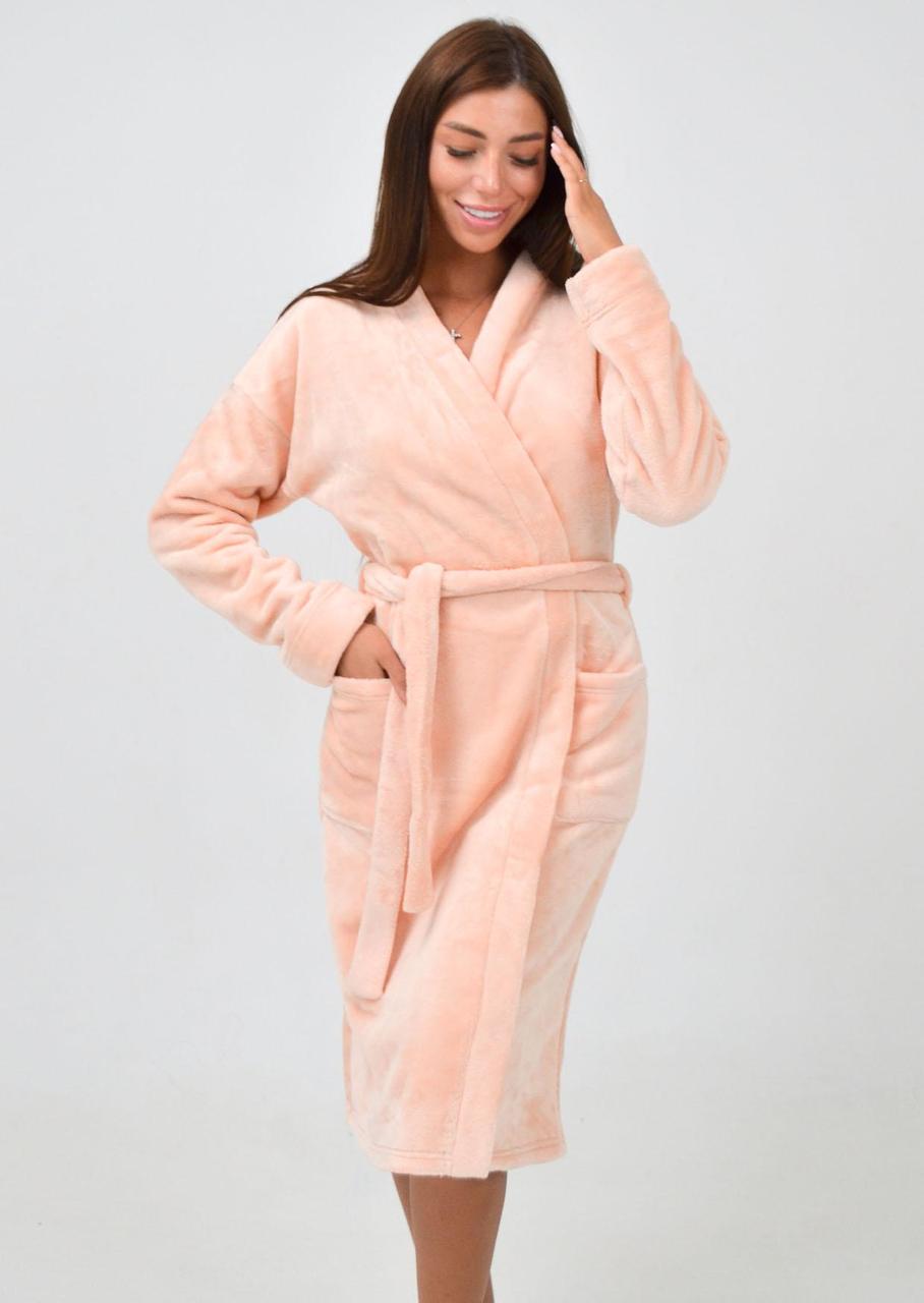 Халат-кимоно женский Роксана миди с длинными рукавами и карманами велсофт XXL Розовый (1209/90081)