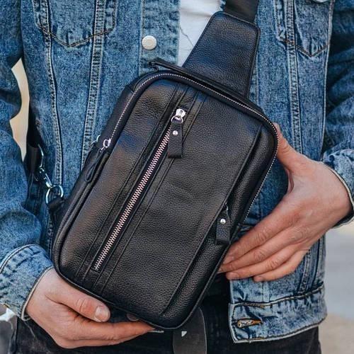 Мужская сумка-слинг Tiding Bag на два отделения из натуральной кожи Черный (A25F-5519-1A)